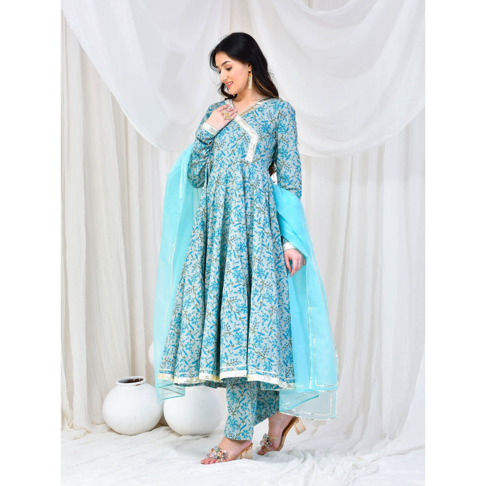 Bannhi by Priyanka Rathore Blue Cotton Anarkali With Pant And Dupatta (Set of 3)