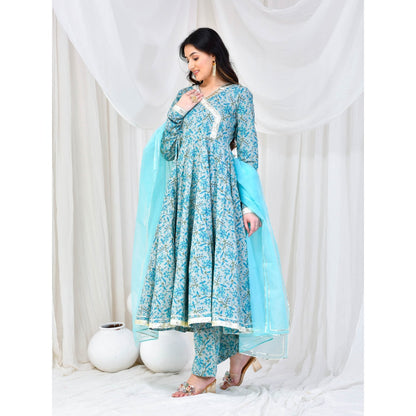 Bannhi by Priyanka Rathore Blue Cotton Anarkali With Pant And Dupatta (Set of 3)