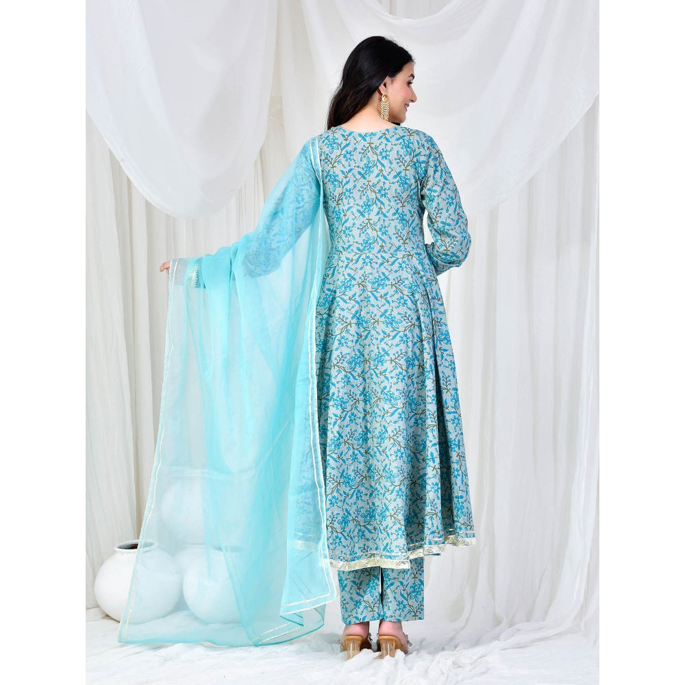Bannhi by Priyanka Rathore Blue Cotton Anarkali With Pant And Dupatta (Set of 3)