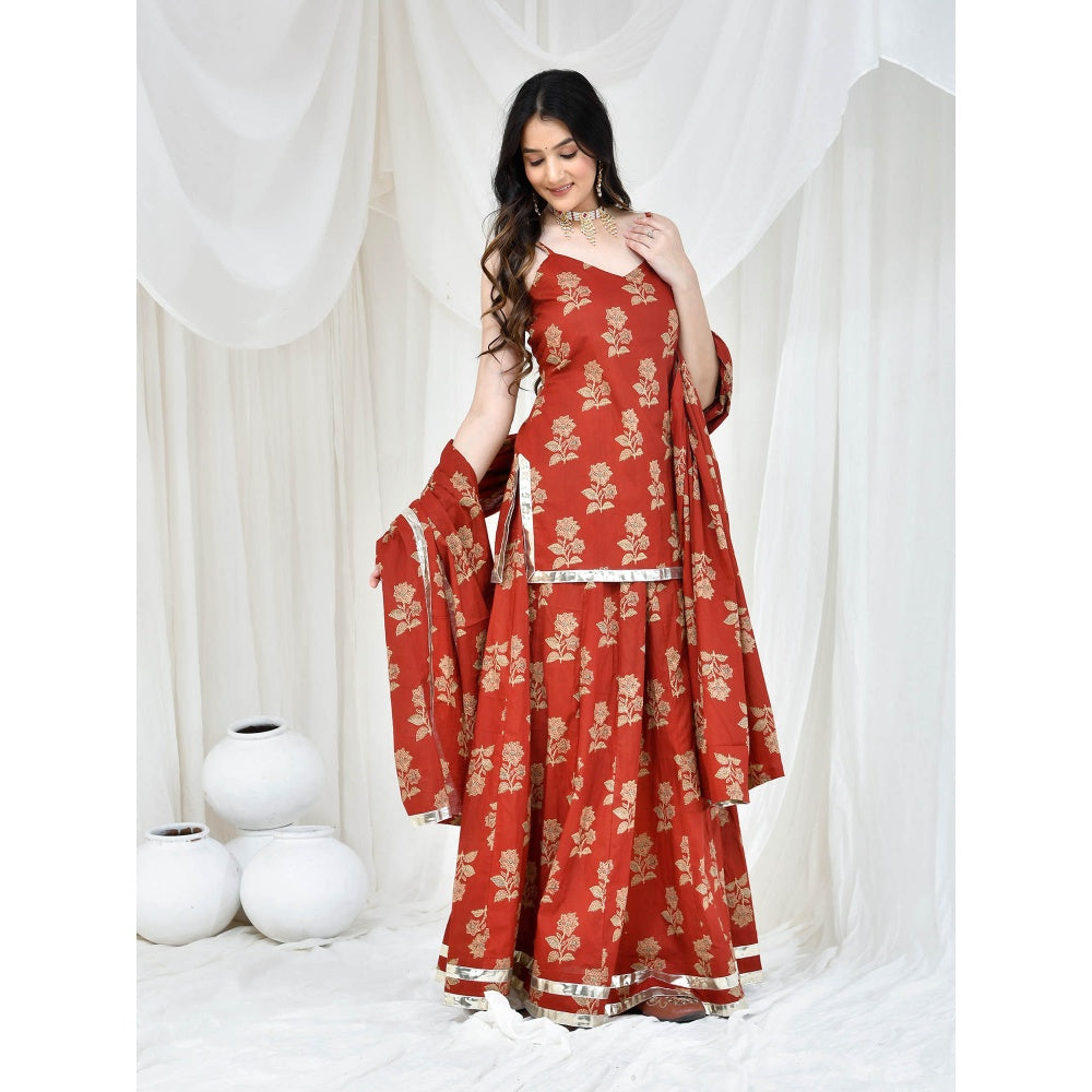 Bannhi by Priyanka Rathore Maroon Cotton Printed Kurti With Skirt And Dupatta (Set of 3)