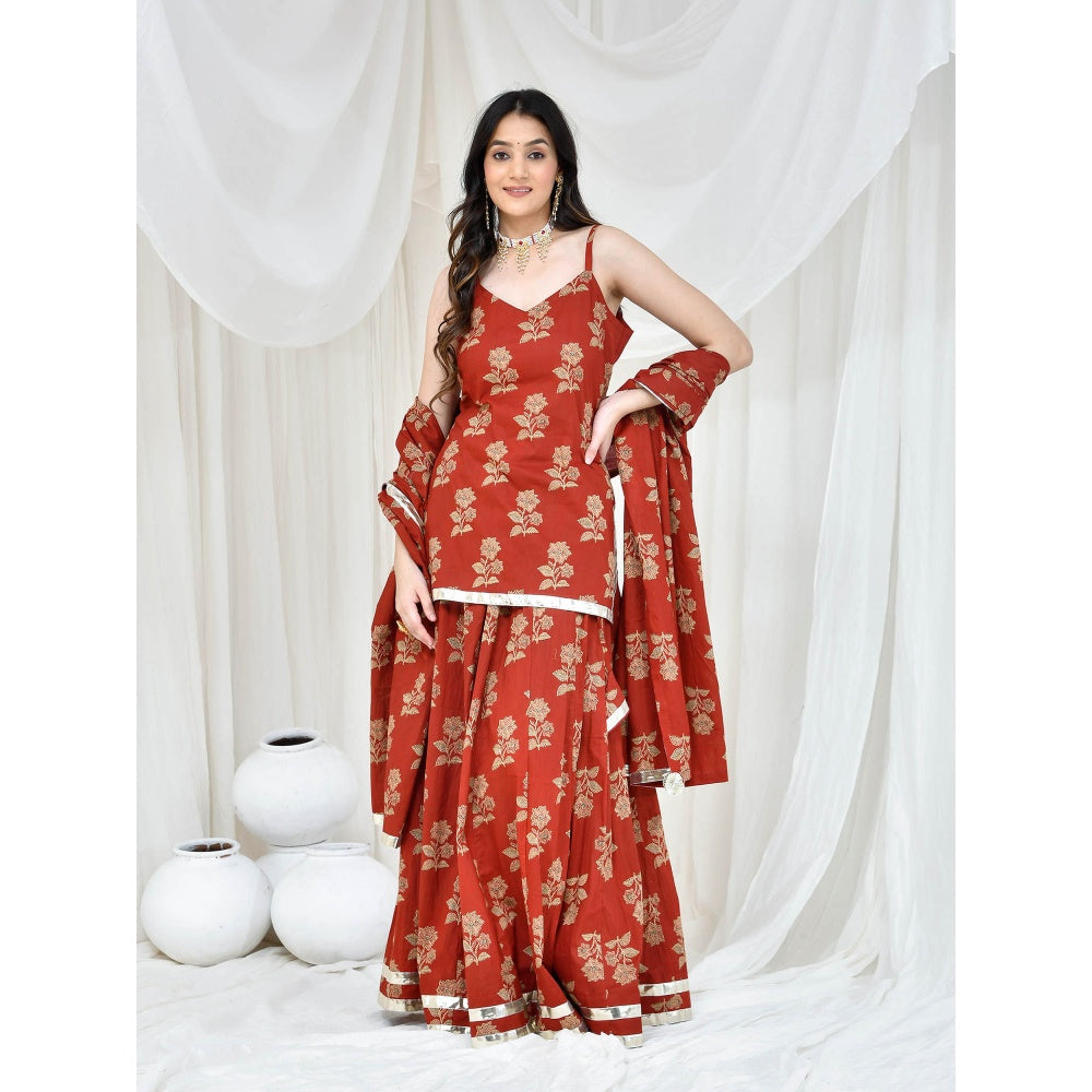 Bannhi by Priyanka Rathore Maroon Cotton Printed Kurti With Skirt And Dupatta (Set of 3)