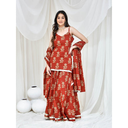 Bannhi by Priyanka Rathore Maroon Cotton Printed Kurti With Skirt And Dupatta (Set of 3)