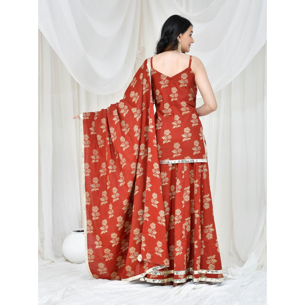 Bannhi by Priyanka Rathore Maroon Cotton Printed Kurti With Skirt And Dupatta (Set of 3)