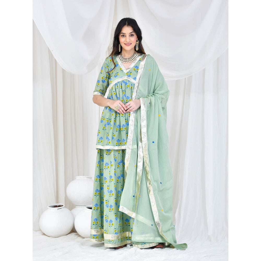 Bannhi by Priyanka Rathore Green Printed Kurti With Skirt And Dupatta (Set of 3)