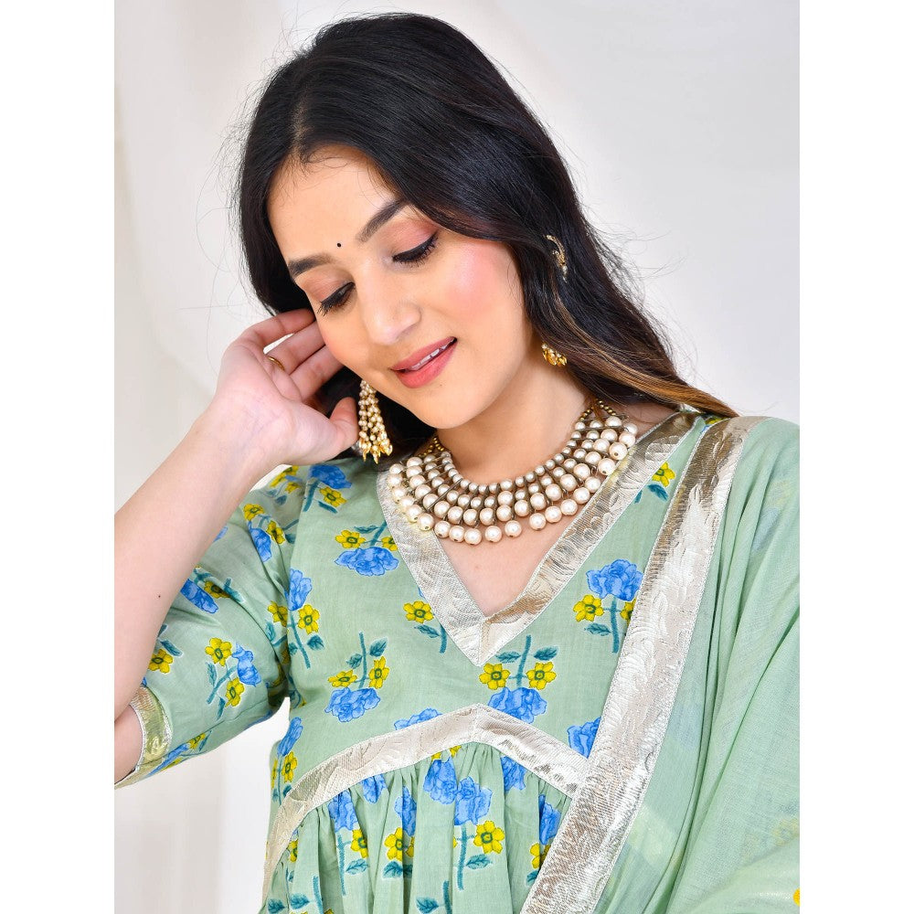 Bannhi by Priyanka Rathore Green Printed Kurti With Skirt And Dupatta (Set of 3)