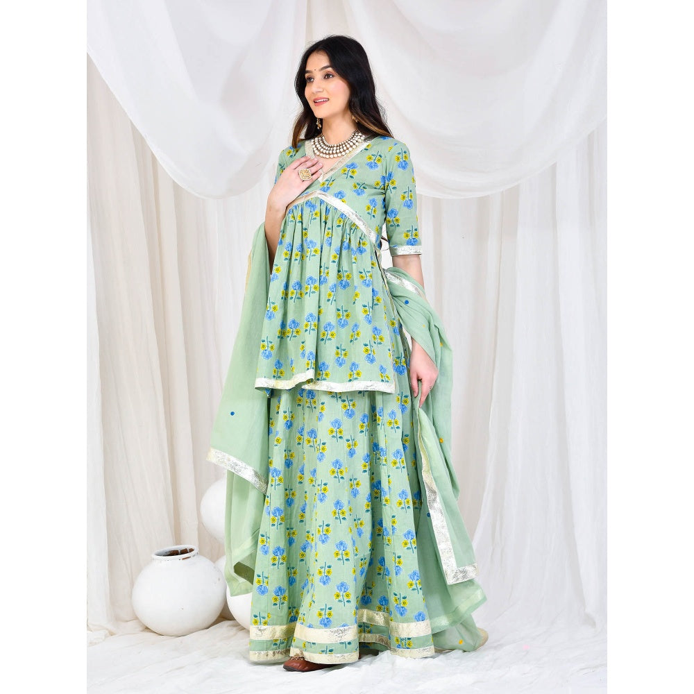 Bannhi by Priyanka Rathore Green Printed Kurti With Skirt And Dupatta (Set of 3)