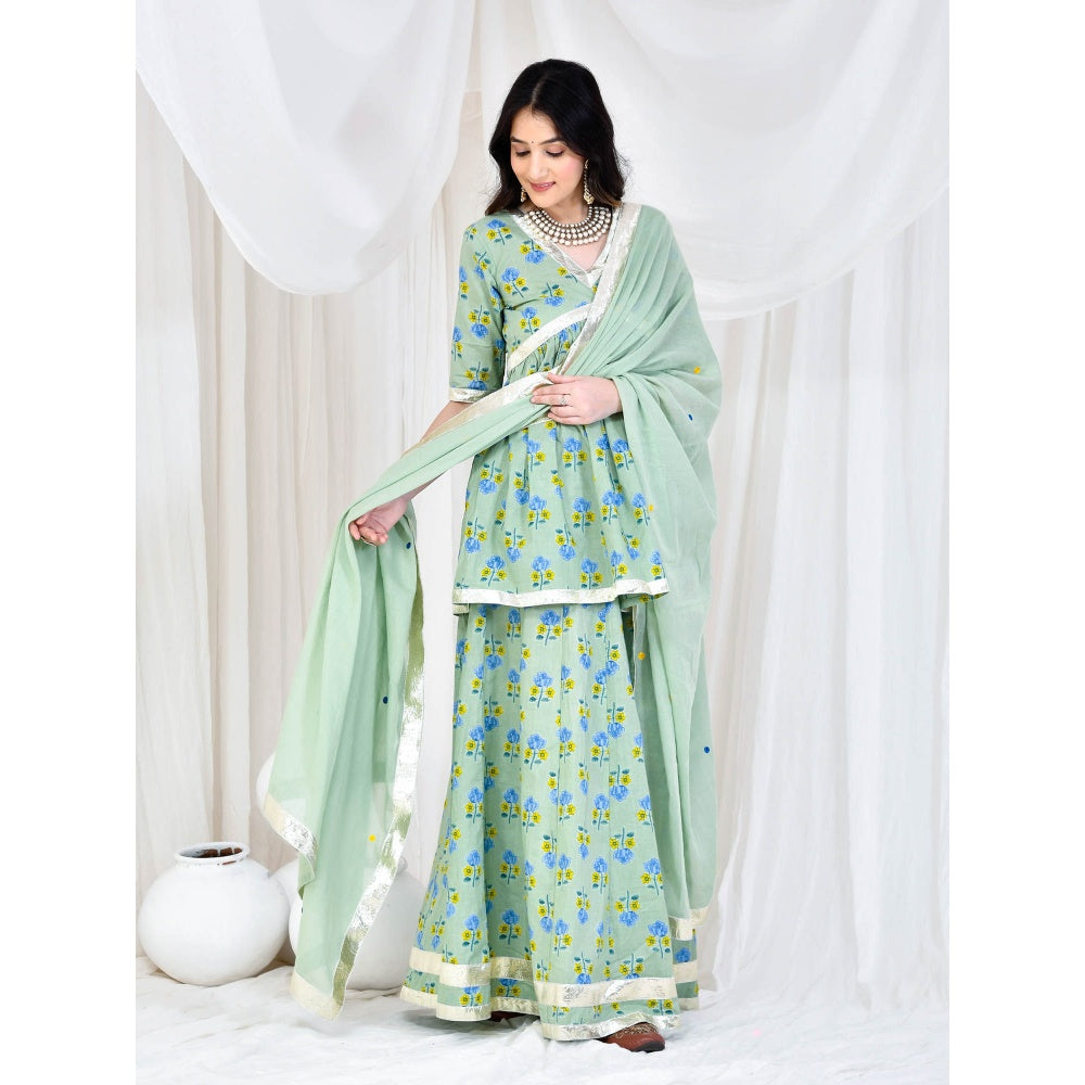 Bannhi by Priyanka Rathore Green Printed Kurti With Skirt And Dupatta (Set of 3)