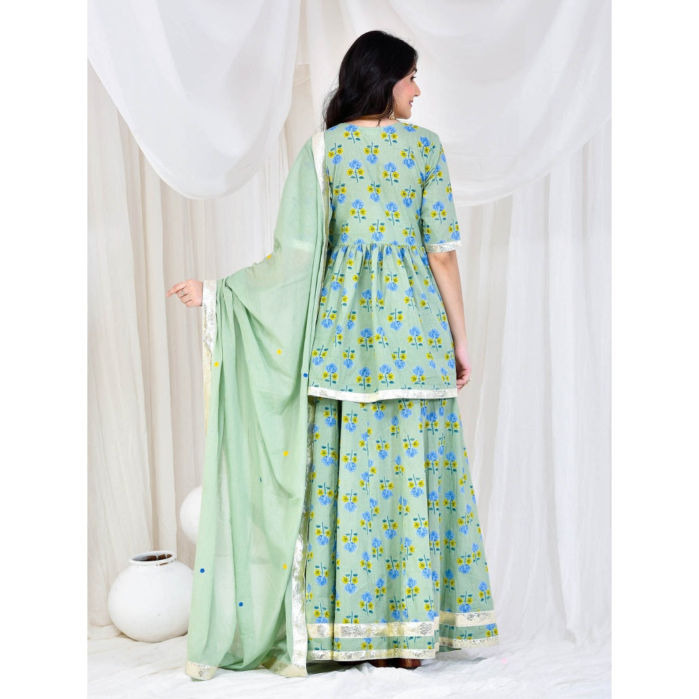 Bannhi by Priyanka Rathore Green Printed Kurti With Skirt And Dupatta (Set of 3)