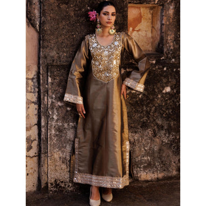 Bannhi Brown Metallic, Hand Embroidered Tissue Dress