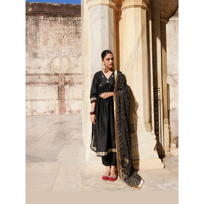 Bannhi Black Gota Patti Work Dupion Silk Kurta With Pant and Dupatta