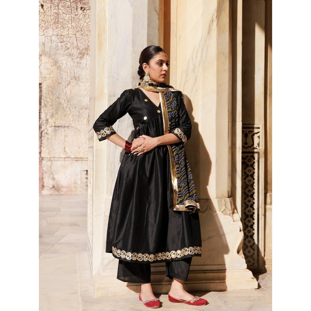 Bannhi Black Gota Patti Work Dupion Silk Kurta With Pant and Dupatta
