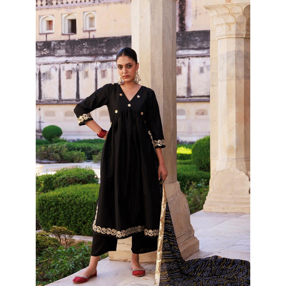 Bannhi Black Gota Patti Work Dupion Silk Kurta With Pant and Dupatta