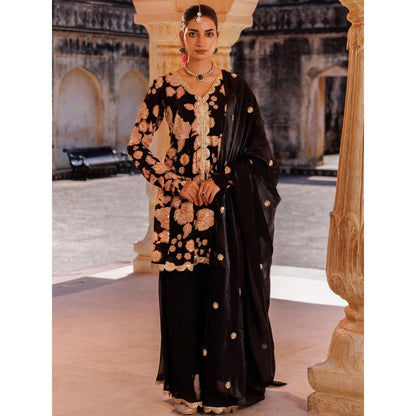 Bannhi Black Crepe Embroidered Kurta With Sharara and Dupatta