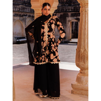Bannhi Black Crepe Embroidered Kurta With Sharara and Dupatta