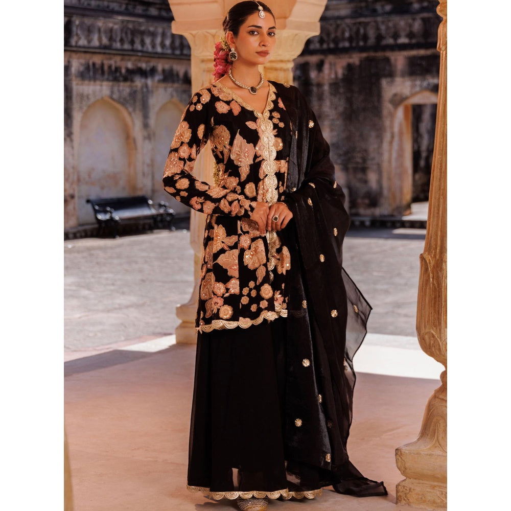 Bannhi Black Crepe Embroidered Kurta With Sharara and Dupatta
