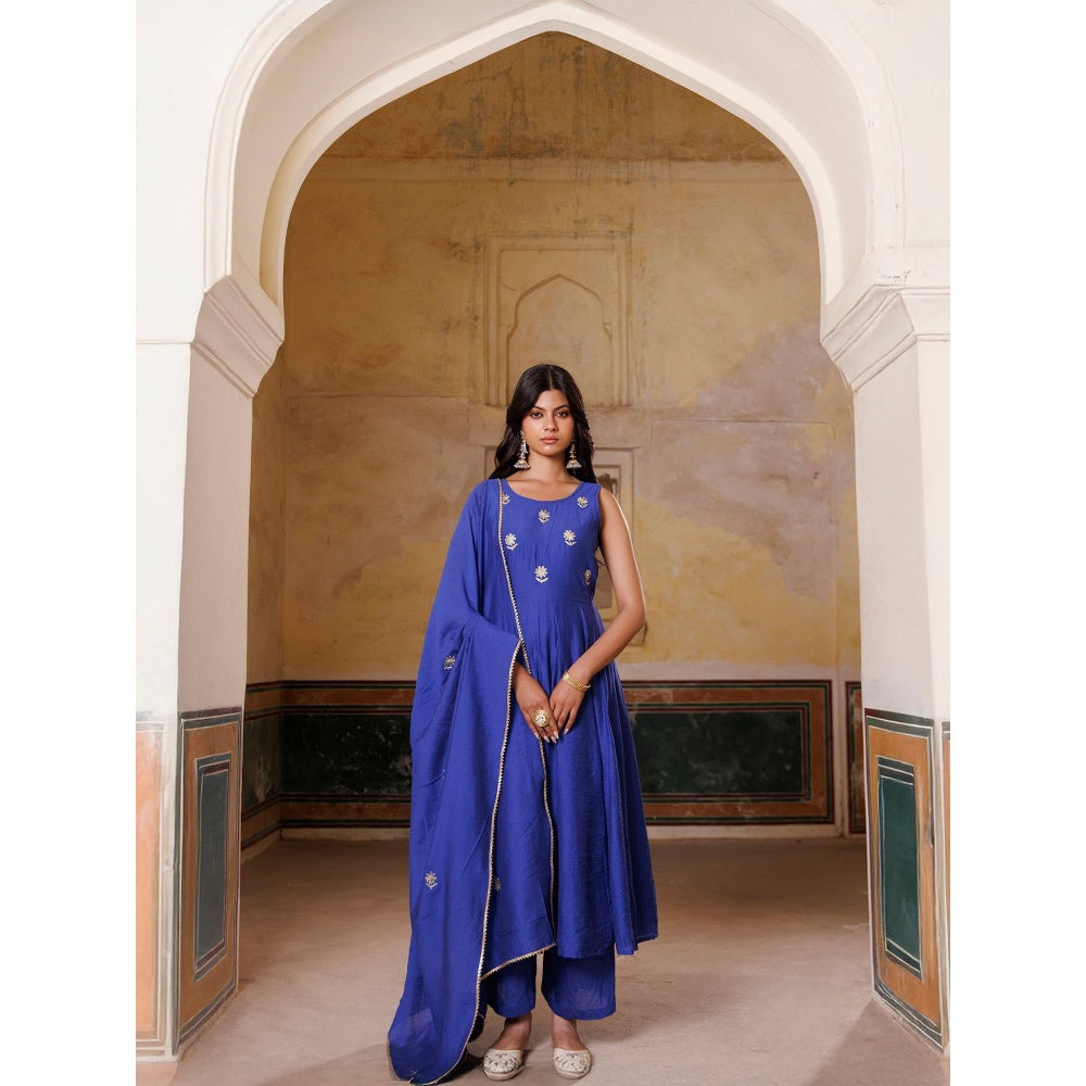Bannhi Blue Embroidered Chanderi Anarkali With Pant and Dupatta