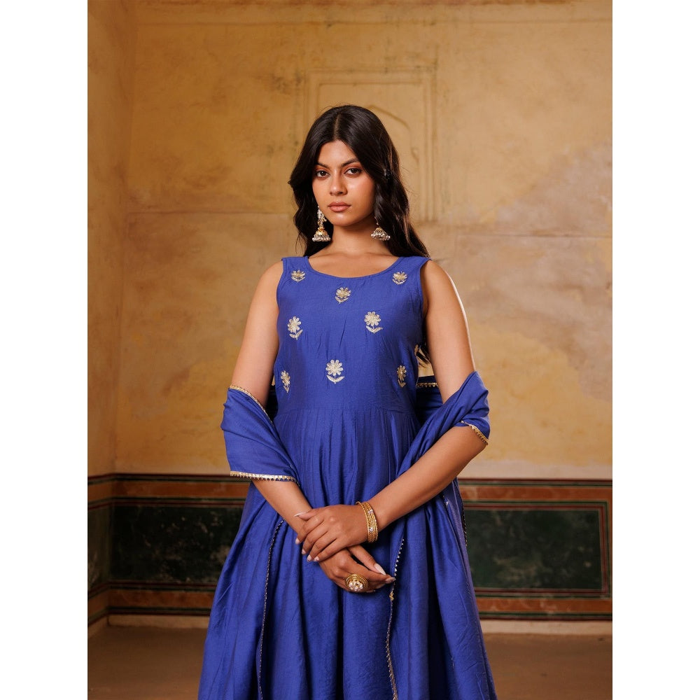 Bannhi Blue Embroidered Chanderi Anarkali With Pant and Dupatta