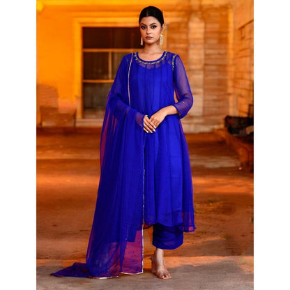 Bannhi Blue Georgette Anarkali With Pant and Dupatta