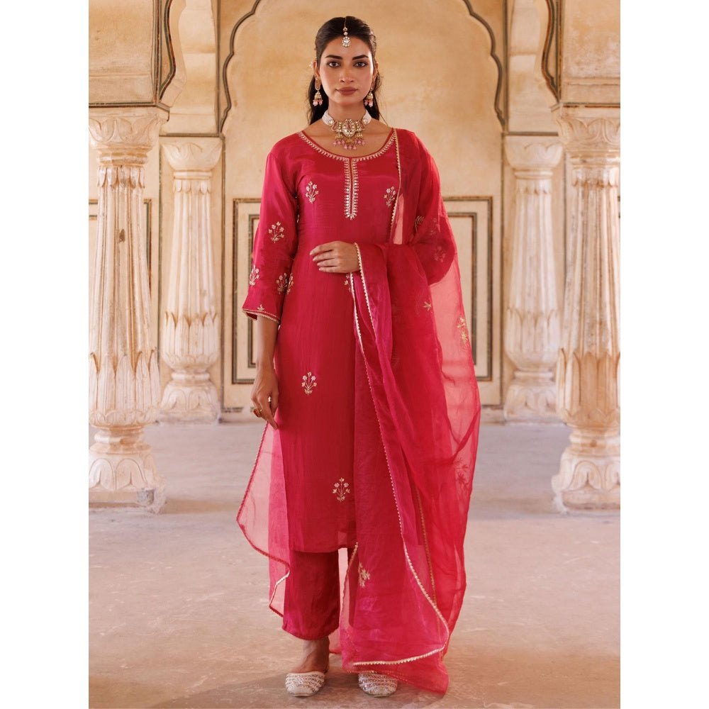 Bannhi Deep Pink Silk, Hand Embroidered Kurta With Pant and Dupatta