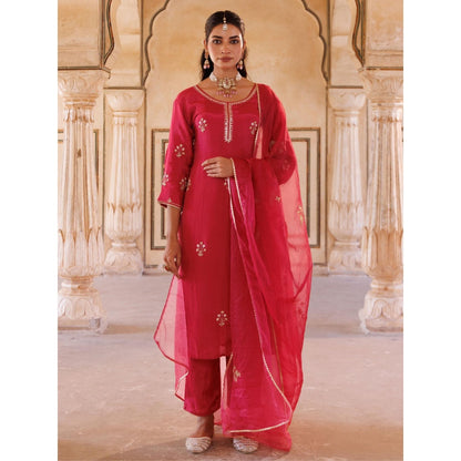 Bannhi Deep Pink Silk, Hand Embroidered Kurta With Pant and Dupatta
