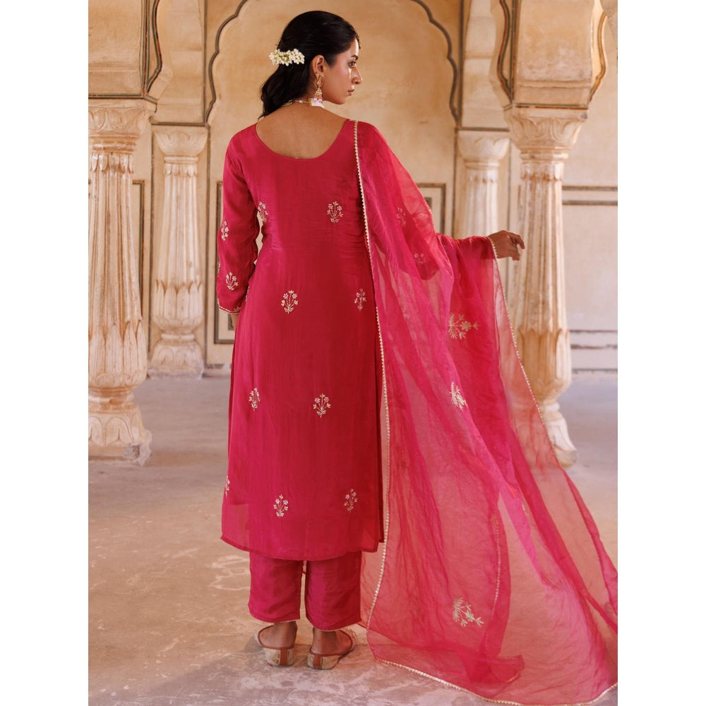 Bannhi Deep Pink Silk, Hand Embroidered Kurta With Pant and Dupatta