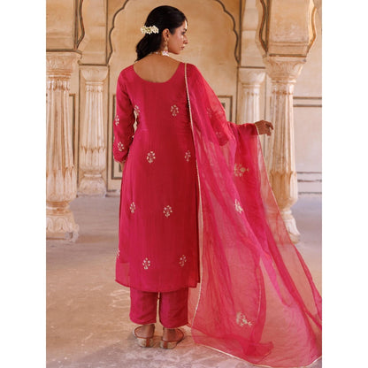 Bannhi Deep Pink Silk, Hand Embroidered Kurta With Pant and Dupatta