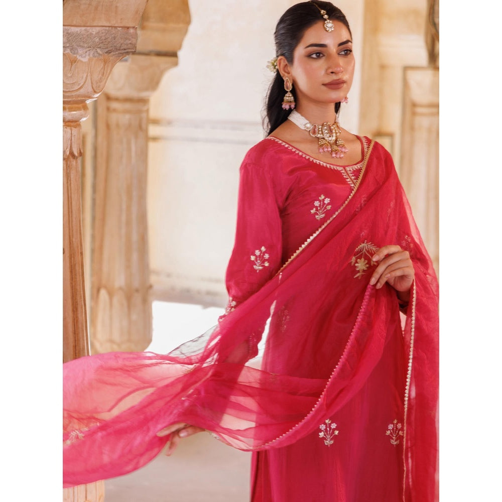 Bannhi Deep Pink Silk, Hand Embroidered Kurta With Pant and Dupatta