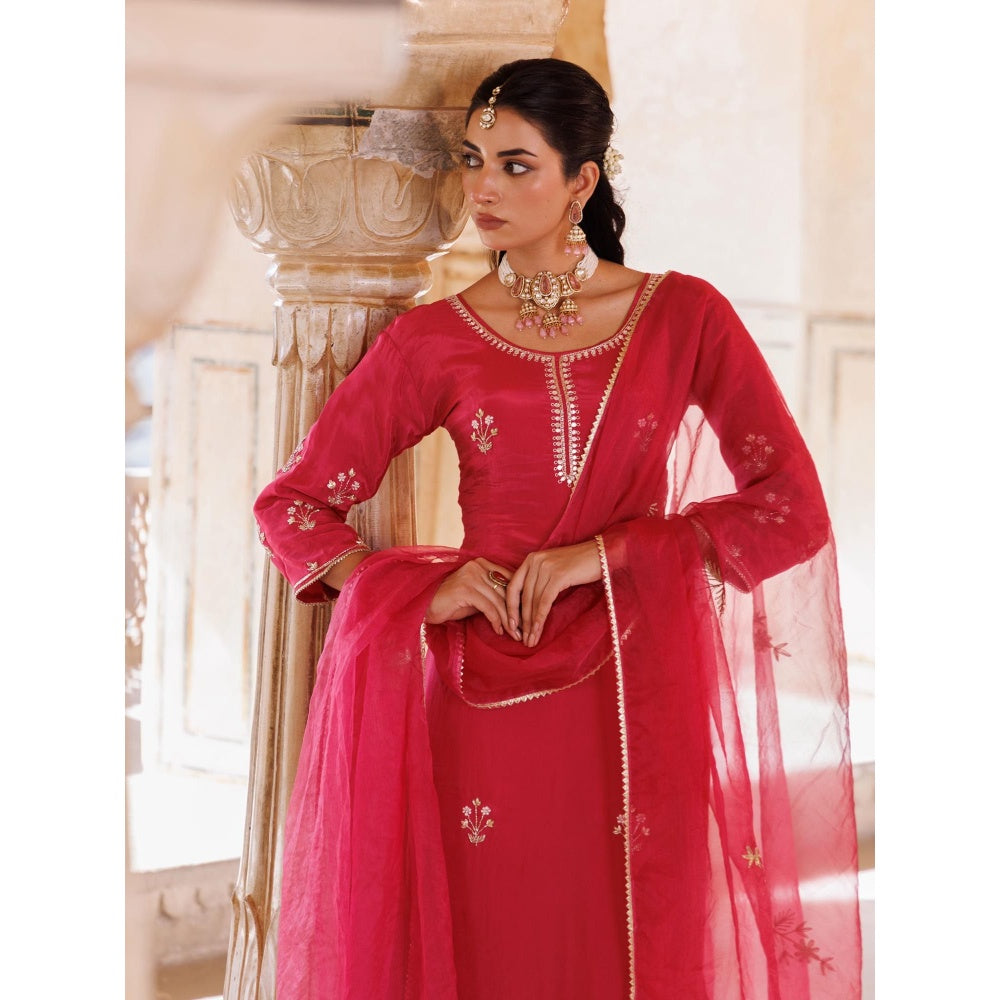 Bannhi Deep Pink Silk, Hand Embroidered Kurta With Pant and Dupatta