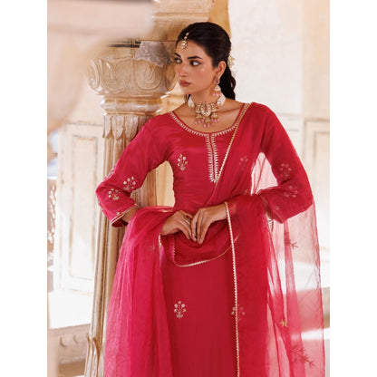 Bannhi Deep Pink Silk, Hand Embroidered Kurta With Pant and Dupatta