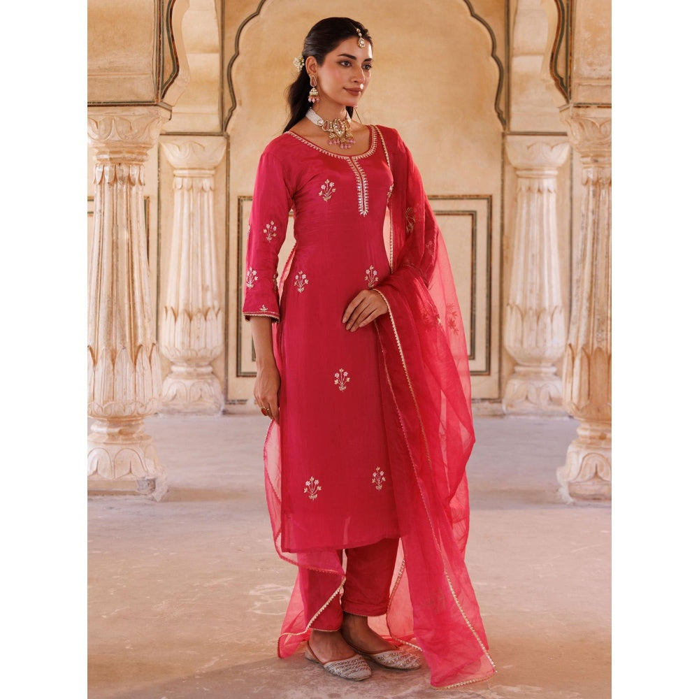 Bannhi Deep Pink Silk, Hand Embroidered Kurta With Pant and Dupatta