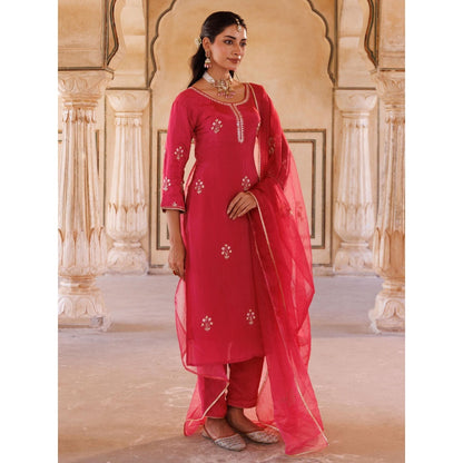Bannhi Deep Pink Silk, Hand Embroidered Kurta With Pant and Dupatta