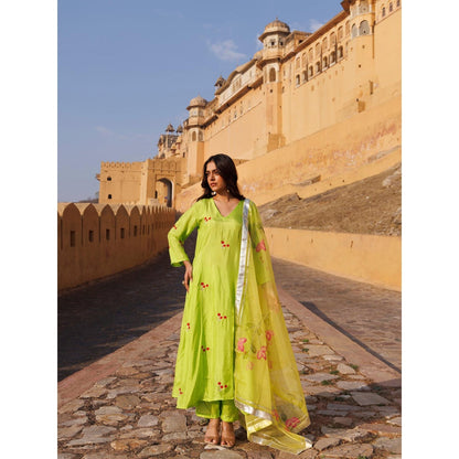 Bannhi Green Aam Panna Uppada Silk Kurta With Pant and Hand- Painted Dupatta