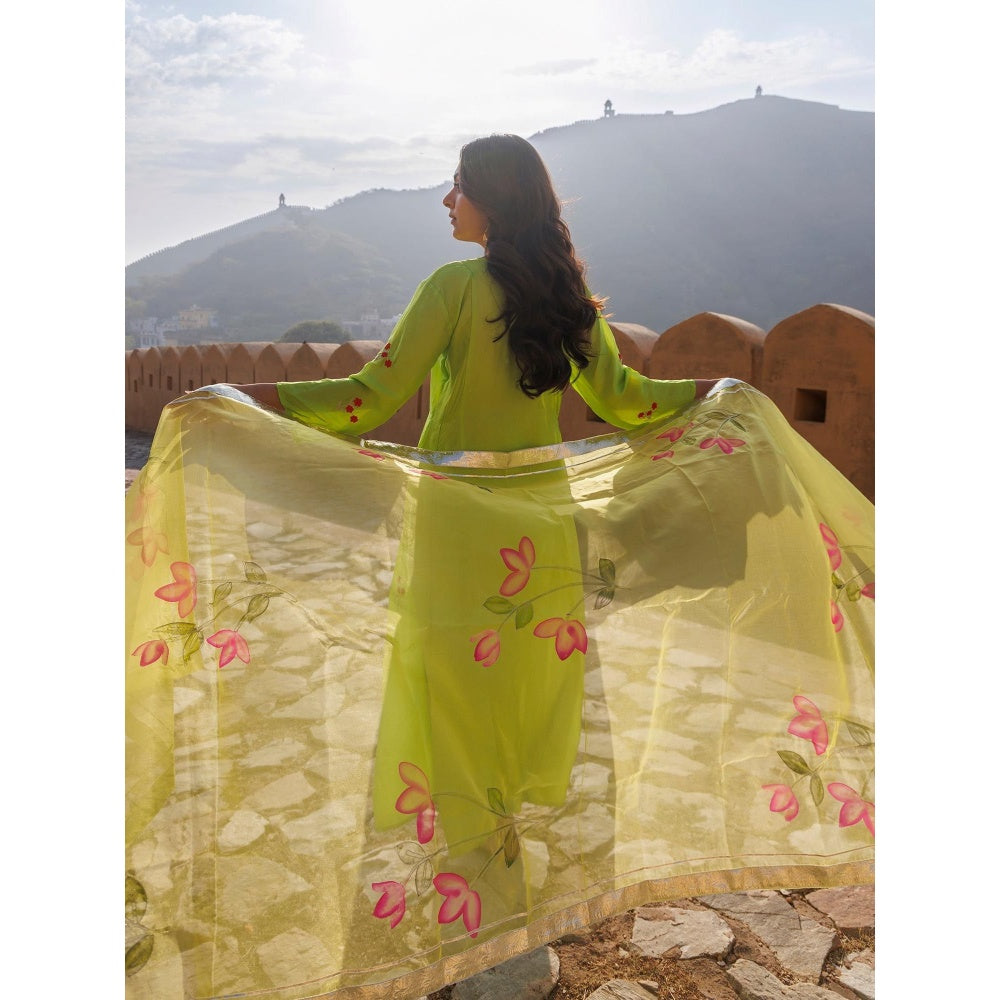 Bannhi Green Aam Panna Uppada Silk Kurta With Pant and Hand- Painted Dupatta
