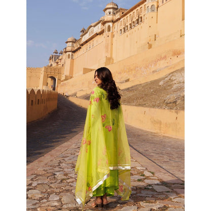 Bannhi Green Aam Panna Uppada Silk Kurta With Pant and Hand- Painted Dupatta