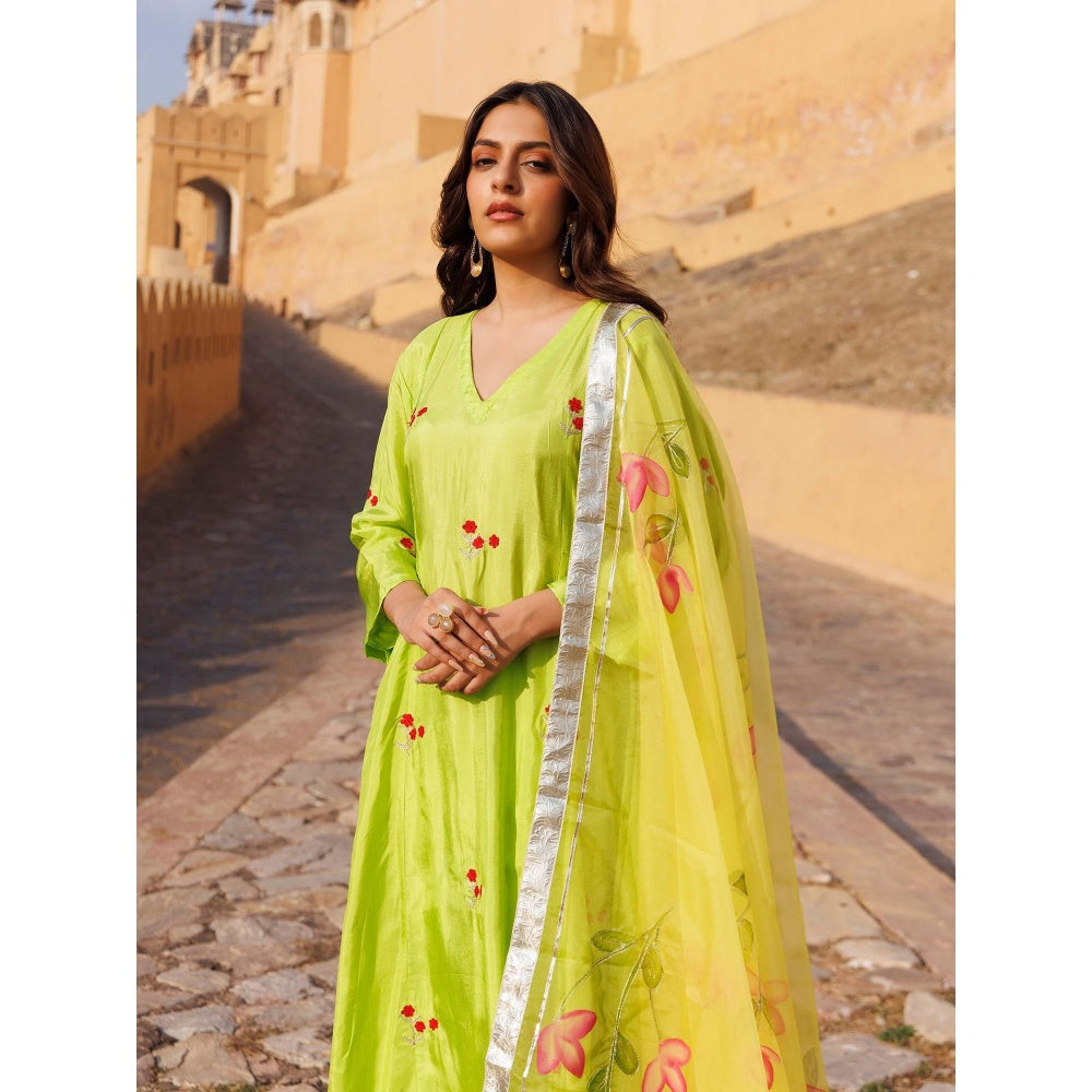 Bannhi Green Aam Panna Uppada Silk Kurta With Pant and Hand- Painted Dupatta