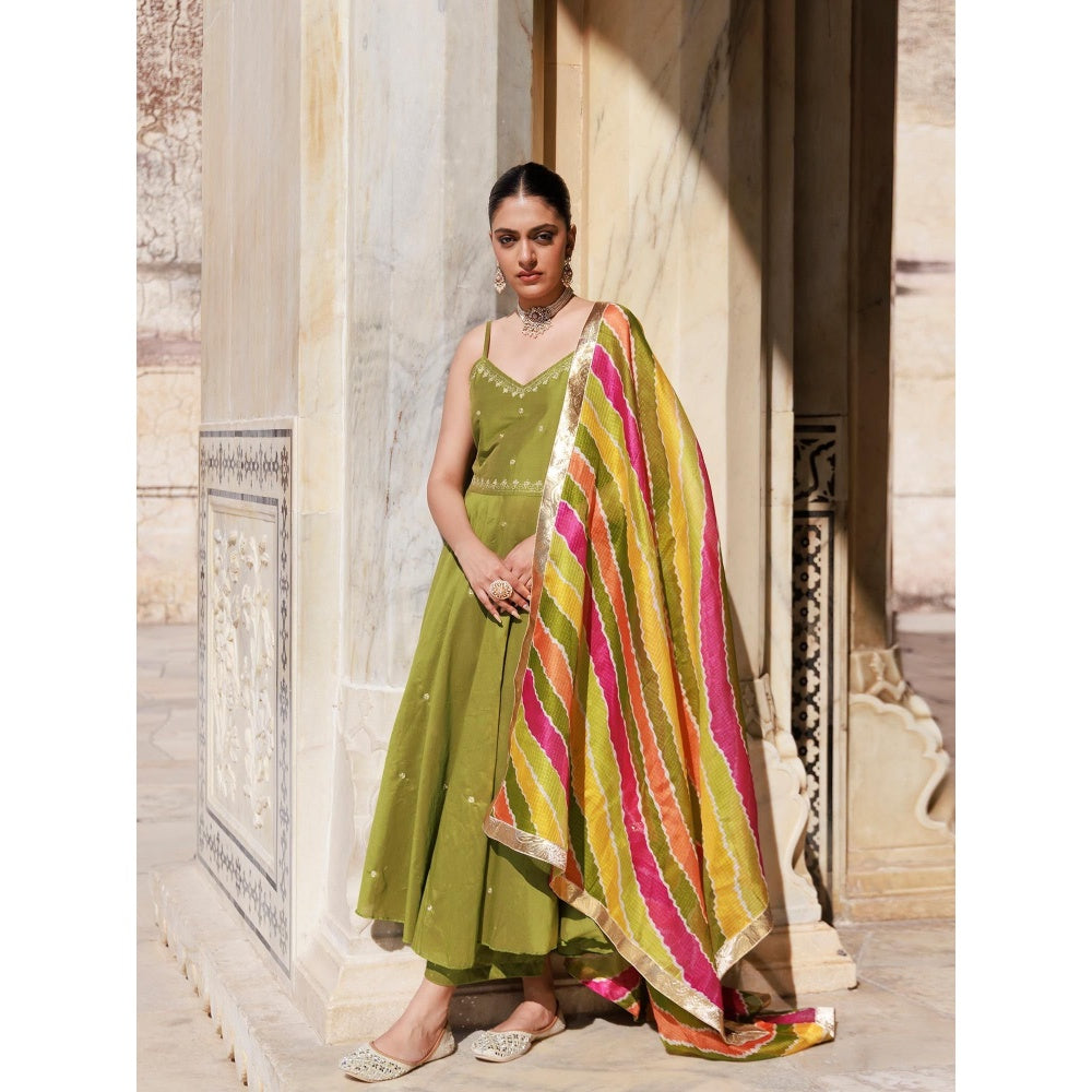 Bannhi Green Aari Embroidered Dupion Silk Strappy Anarkali With Pant and Dupatta