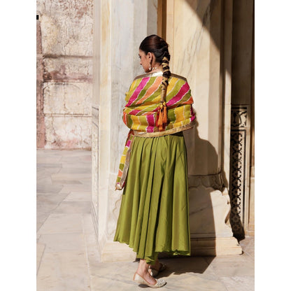 Bannhi Green Aari Embroidered Dupion Silk Strappy Anarkali With Pant and Dupatta