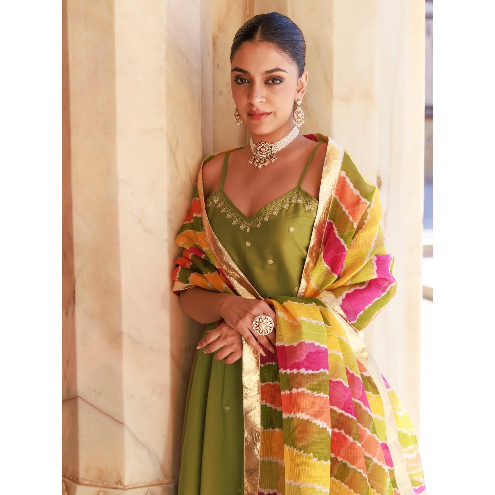 Bannhi Green Aari Embroidered Dupion Silk Strappy Anarkali With Pant and Dupatta