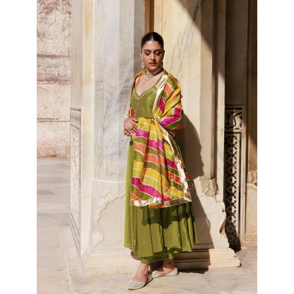 Bannhi Green Aari Embroidered Dupion Silk Strappy Anarkali With Pant and Dupatta