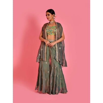 Bannhi Green Chitra Blouse With Cape And Sharara