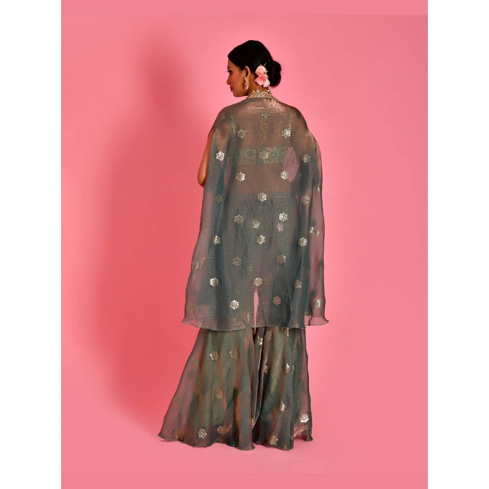 Bannhi Green Chitra Blouse With Cape And Sharara