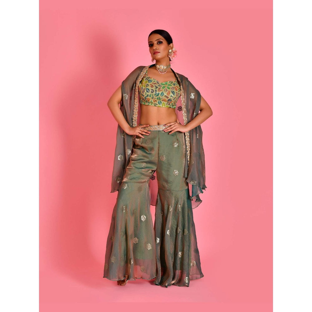 Bannhi Green Chitra Blouse With Cape And Sharara