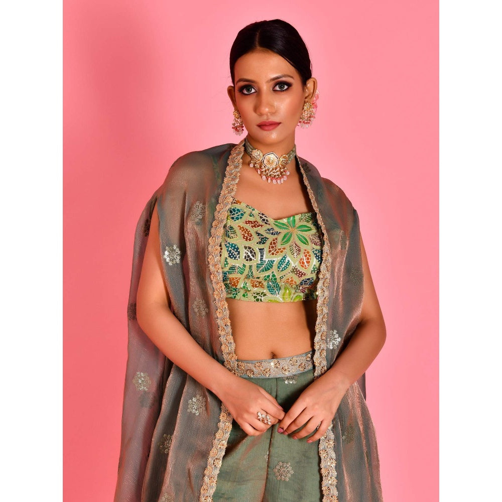 Bannhi Green Chitra Blouse With Cape And Sharara