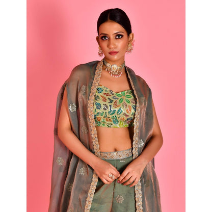 Bannhi Green Chitra Blouse With Cape And Sharara