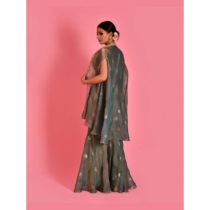 Bannhi Green Chitra Blouse With Cape And Sharara