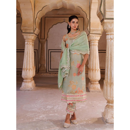 Bannhi Green Tissue Kurta With Pant and Dupatta