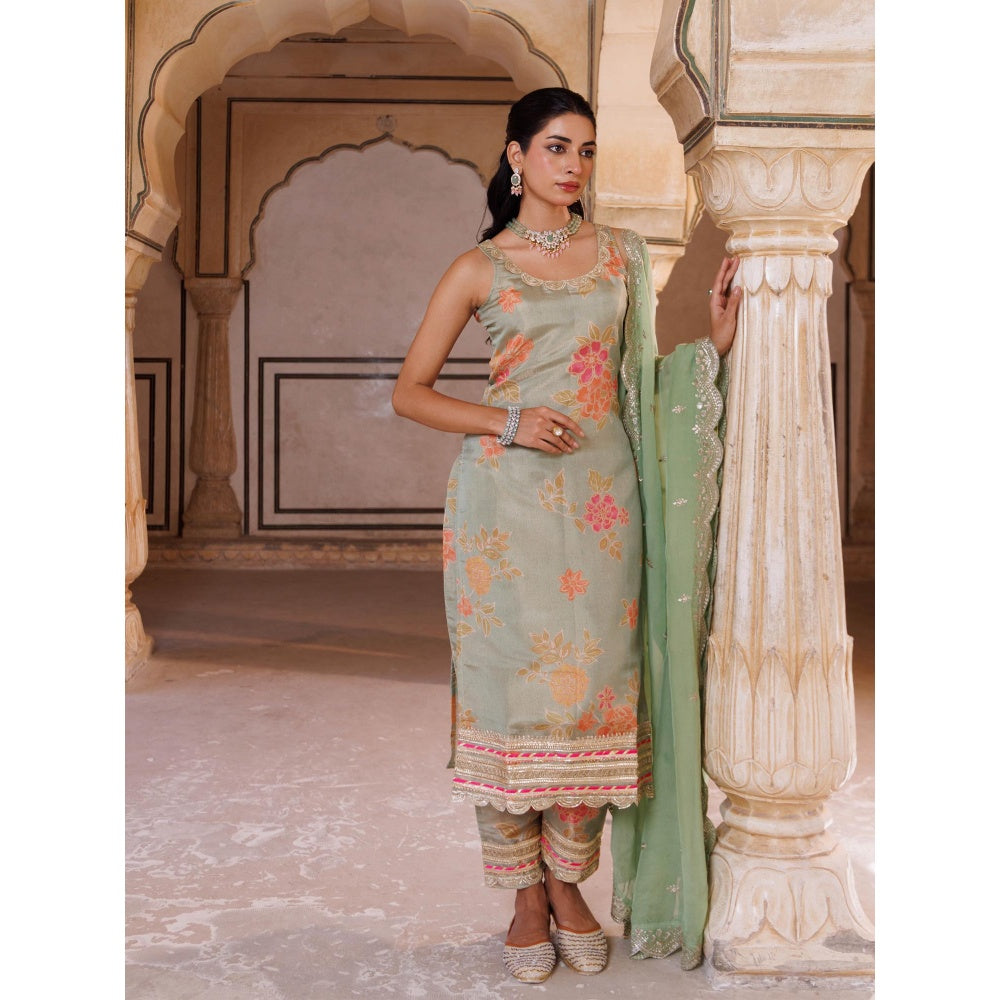 Bannhi Green Tissue Kurta With Pant and Dupatta
