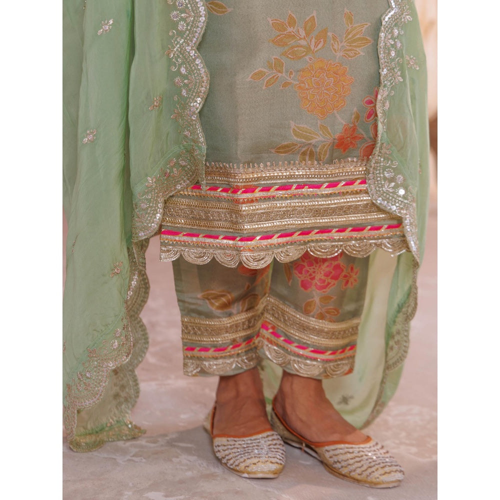 Bannhi Green Tissue Kurta With Pant and Dupatta