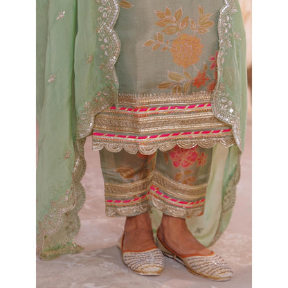 Bannhi Green Tissue Kurta With Pant and Dupatta