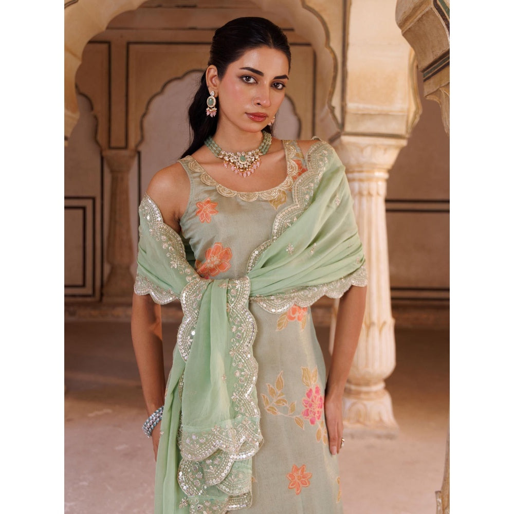 Bannhi Green Tissue Kurta With Pant and Dupatta